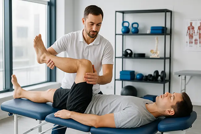 Fisioterapeuta realizando tratamento em paciente, demonstrando técnicas de reabilitação física em ambiente clínico moderno e equipado