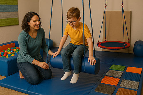 Sala de integração sensorial com equipamentos terapêuticos como balanços, redes, bolas e texturas diversas para estimulação sensorial